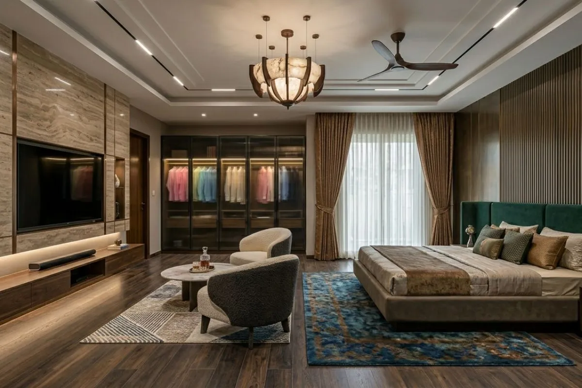 A grand bedroom interior showing a green bed, a marble TV wall, a glass wardrobe, and elegant ceiling lights.