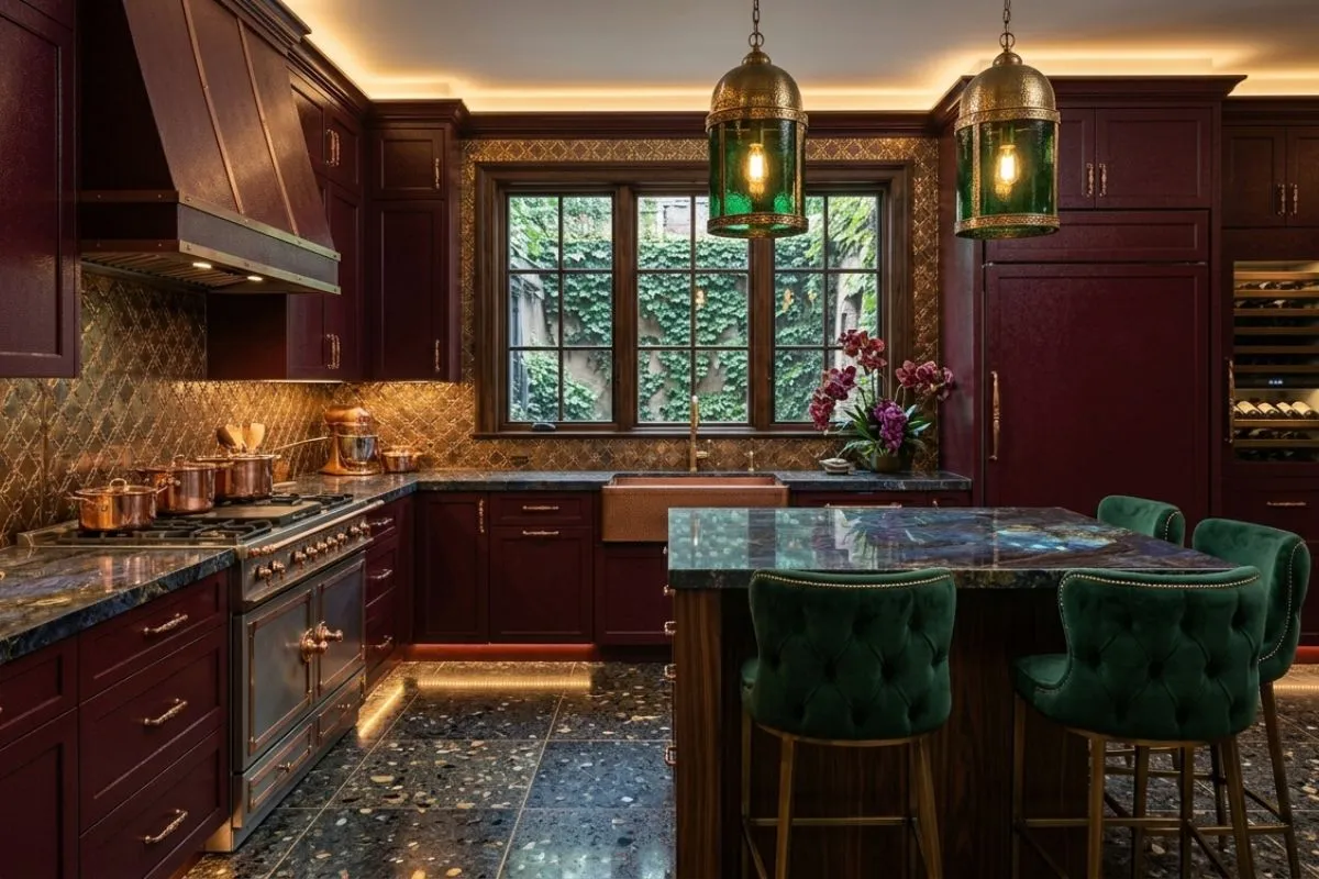 Dark red cabinets and green chairs shine in this rich luxury kitchen interior.
