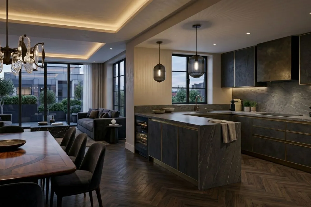 Dark stone counters and warm lights create a moody luxury kitchen interior space.