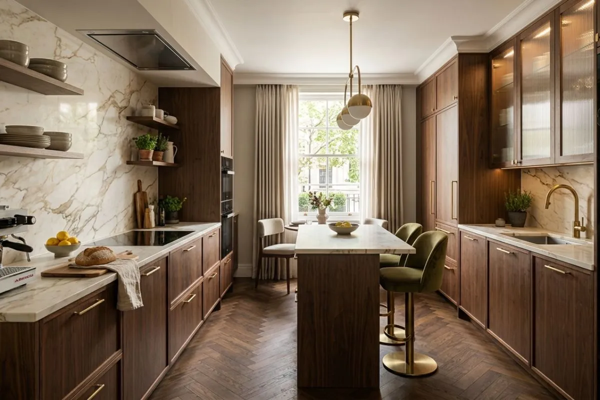 Wooden cabinets and white marble walls make a narrow luxury kitchen interior look bright.