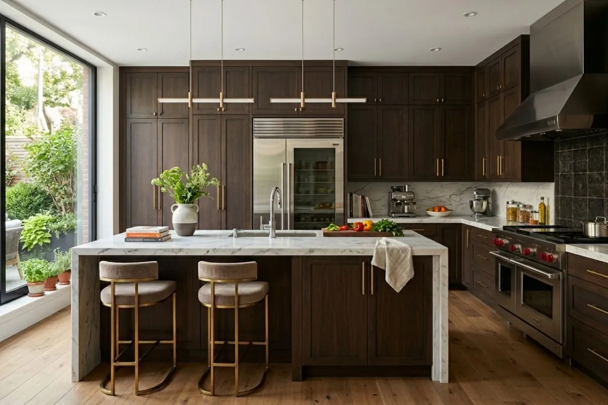 Tall wooden cupboards and a big white island star in this luxury kitchen interior.