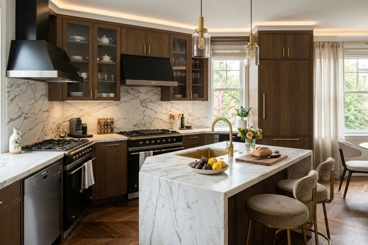 A white marble island with a gold sink fits this wood luxury kitchen interior perfectly.