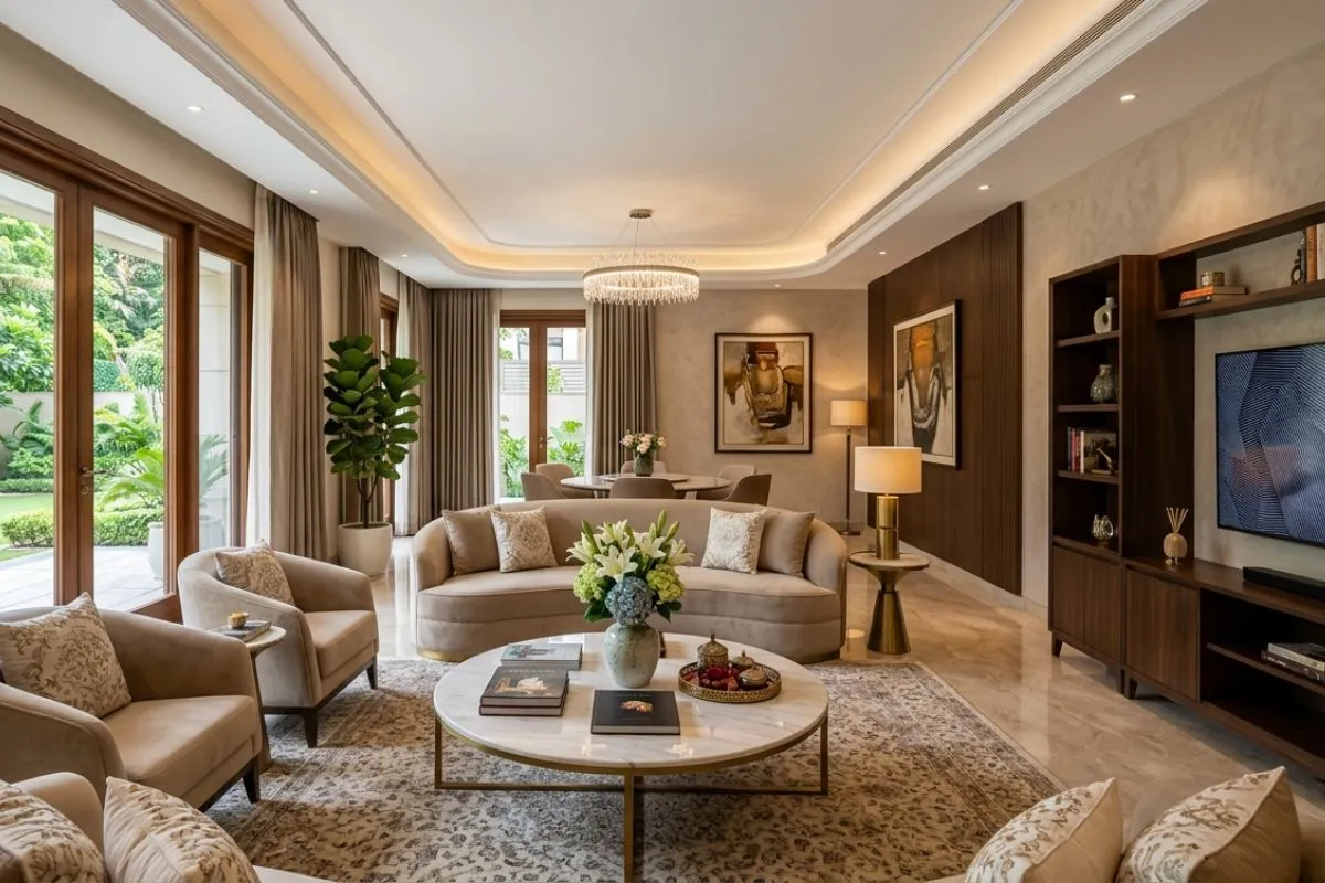 Cream sofa and marble table in a bright, luxury living room interior with glass doors.