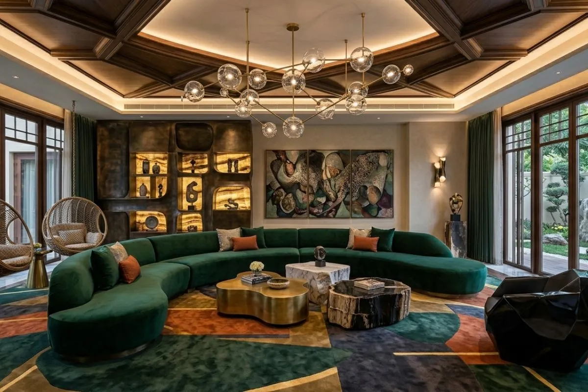 Curved green sofa and unique lights fill this bold, luxury living room interior design.
