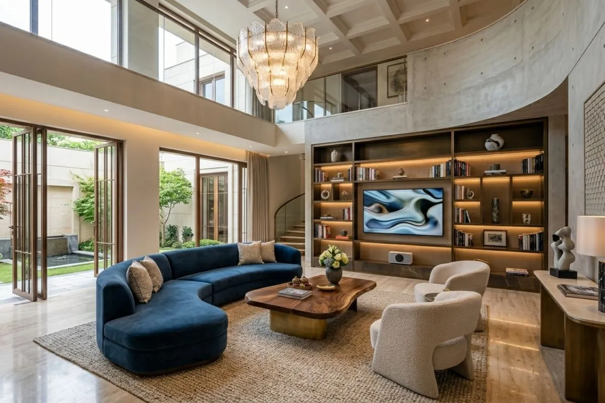 High ceilings, a blue sofa, and a large bookshelf in a grand, luxury living room interior.