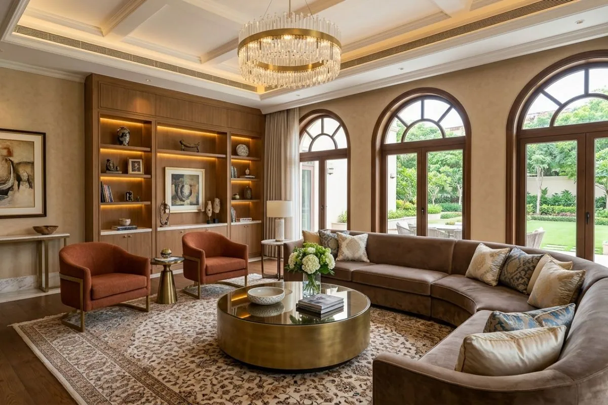 Brown sectional couch and brass coffee table inside a warm, luxury living room interior.