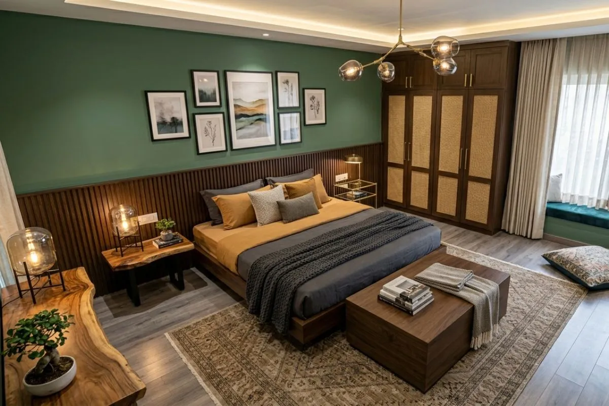 Modern bedroom with a green wall, wood paneling, gray bedding, and a wardrobe.