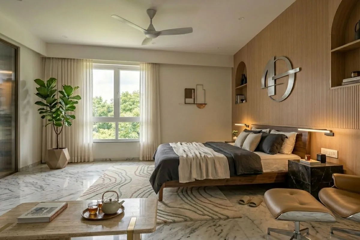 Minimalist bedroom with light wood paneling, a large window, and marble floors.