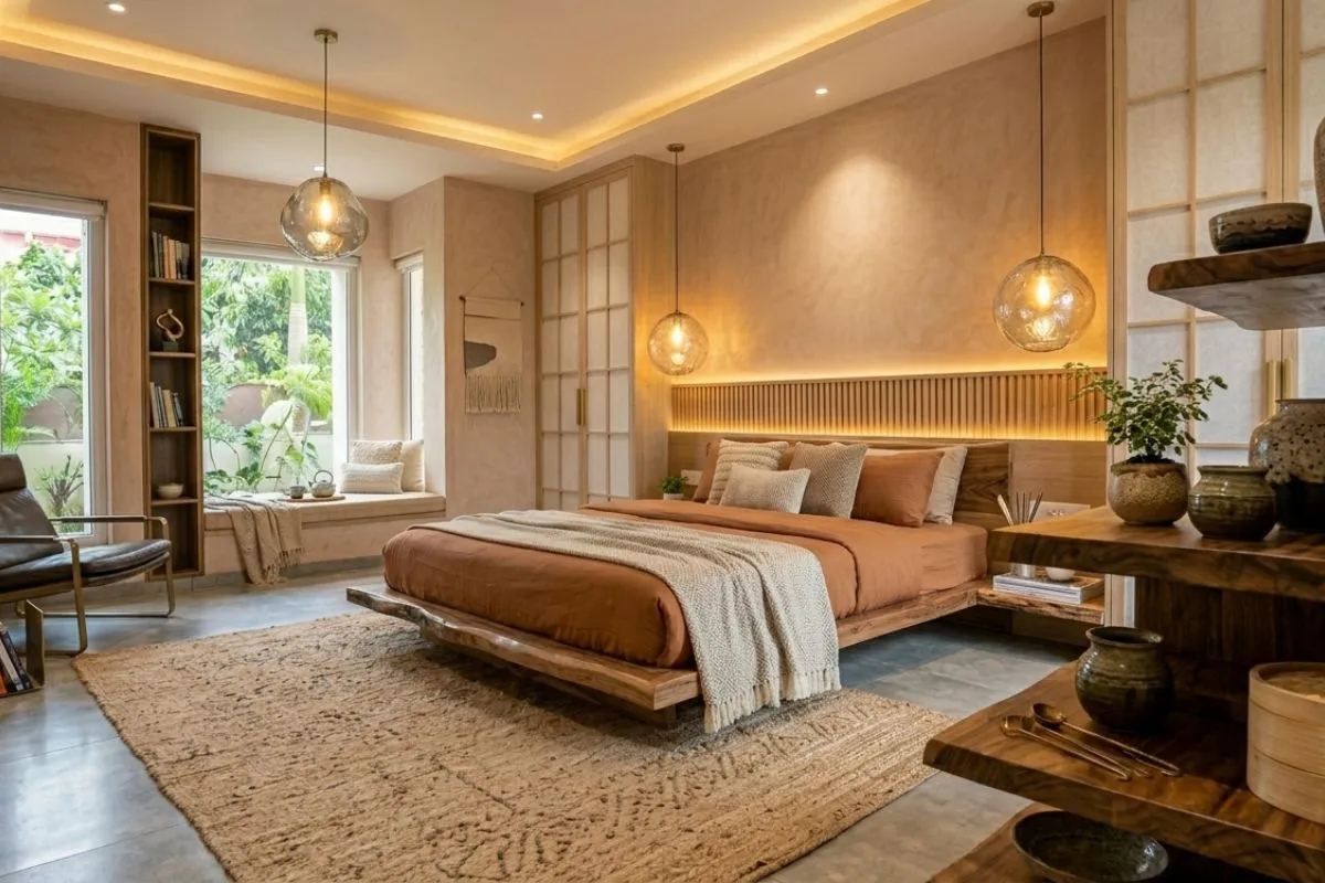 Warm cozy bedroom with a low wooden bed, hanging lamps, and soft orange lighting.