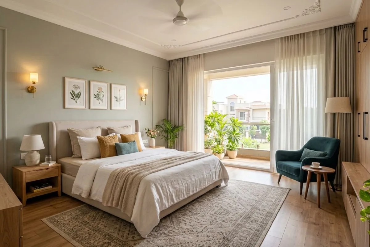 Bright bedroom with light green walls, white bedding, and a balcony with plants.