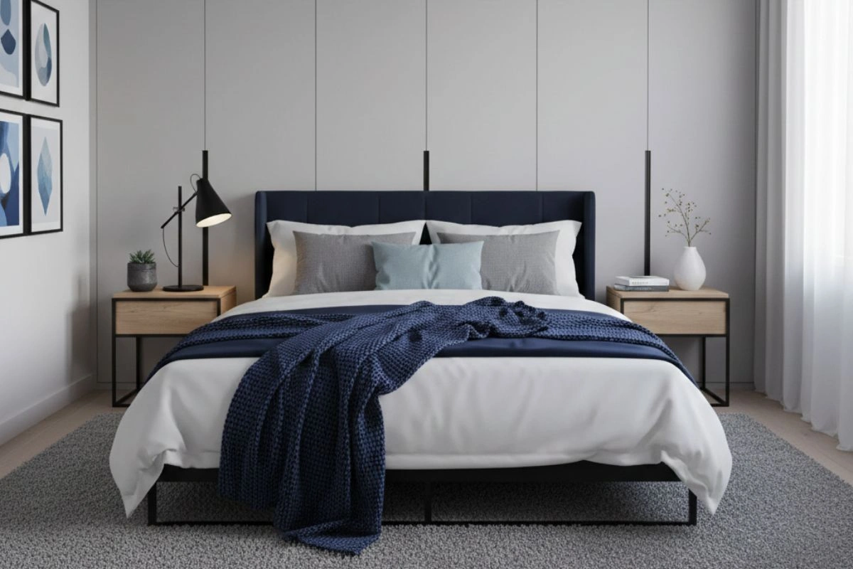 Modern guest room colour combination with cool grey walls and matching deep blue bedding and pillows.