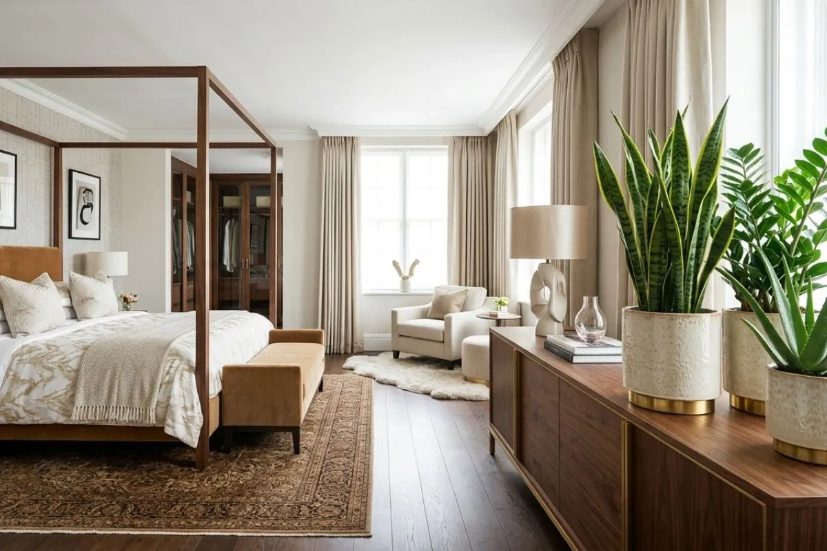 Matching wood furniture with low maintenance indoor plants in white pots for a clean bedroom look.