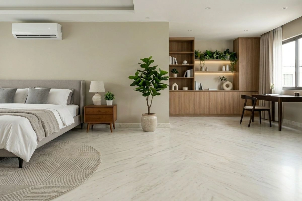 Minimalist bedroom setup with wooden furniture on a smooth Michelangelo Marble for Bedroom floor.