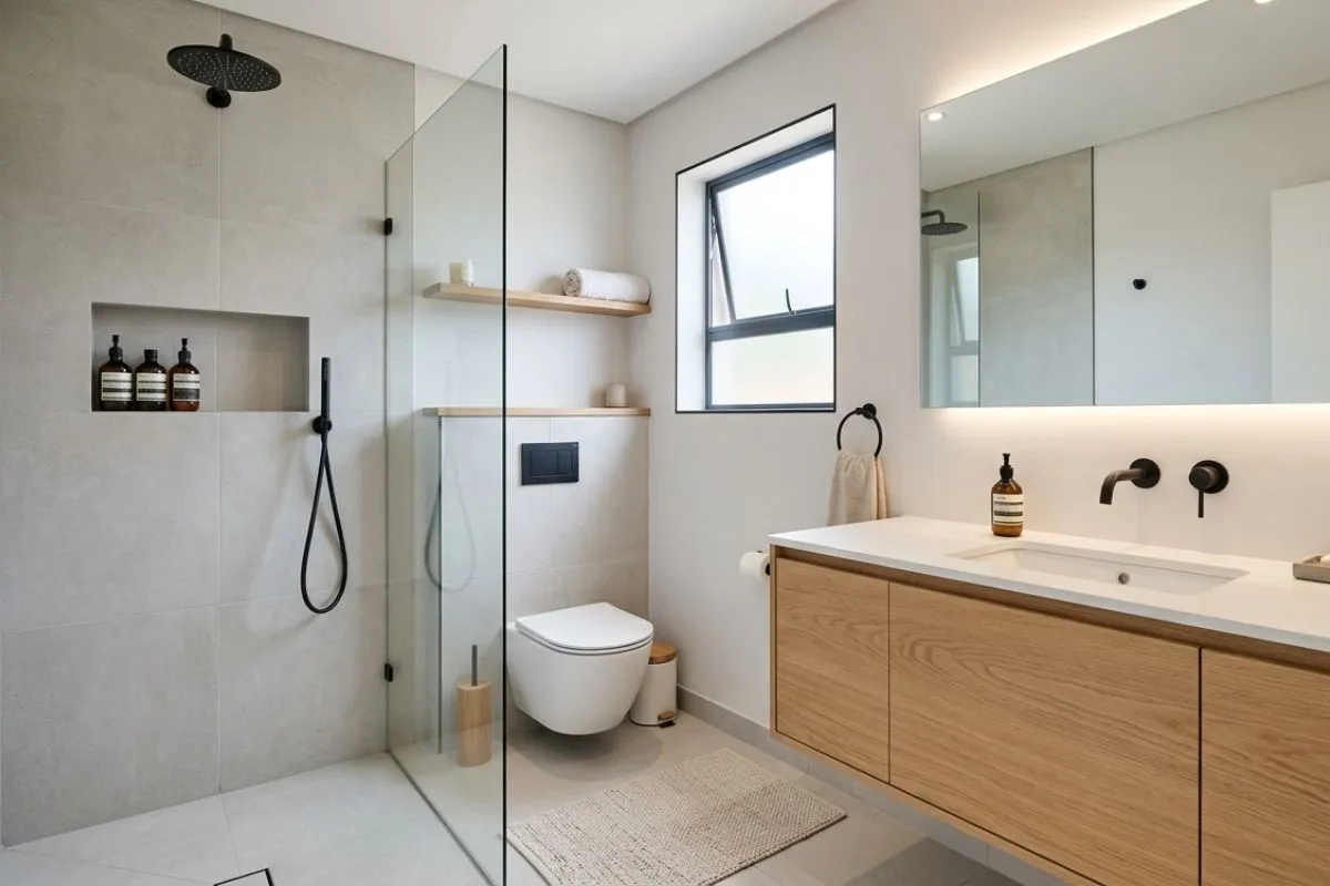 Simple bathroom interior with light grey tiles, a floating wooden cabinet, and black fixtures.
