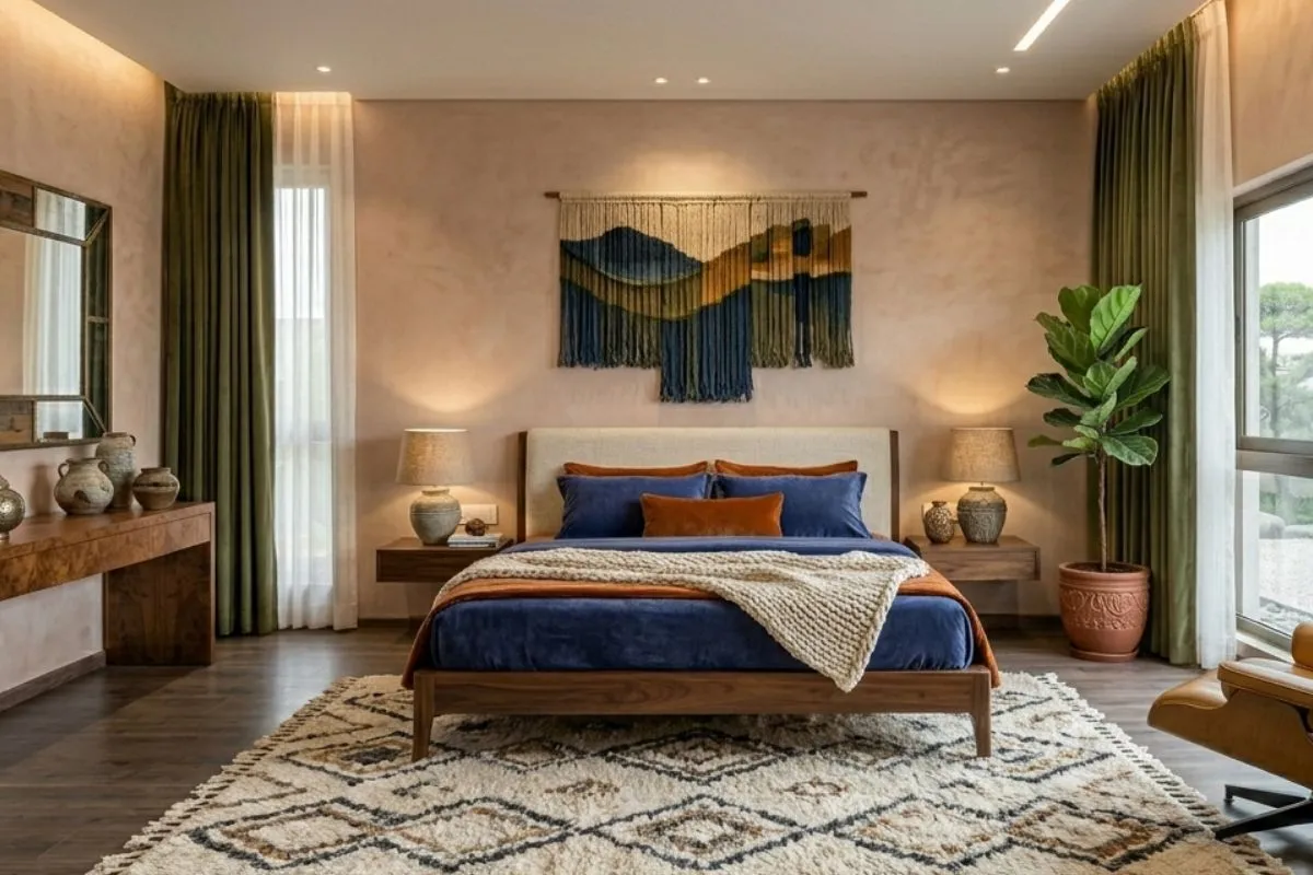 Stylish bedroom with terracotta walls, blue bedding, and a woven wall hanging.