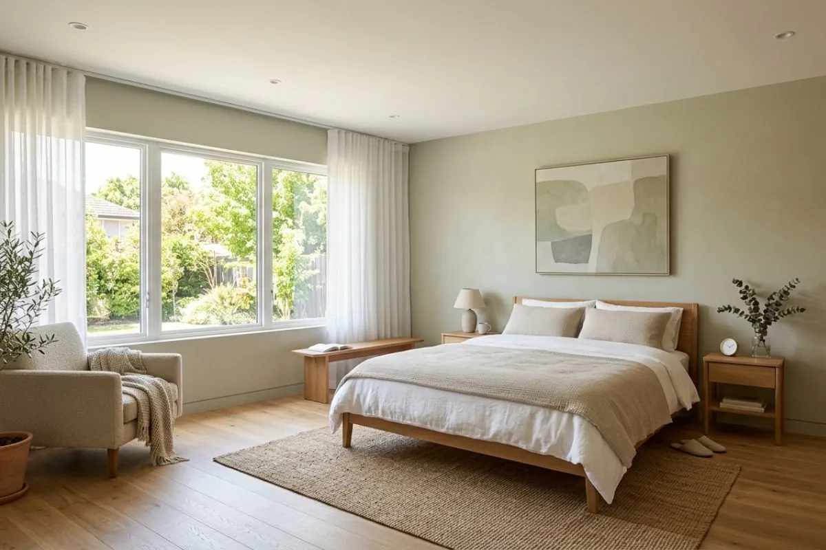Bright minimalist bedroom with light green walls, a simple wooden bed, and window.