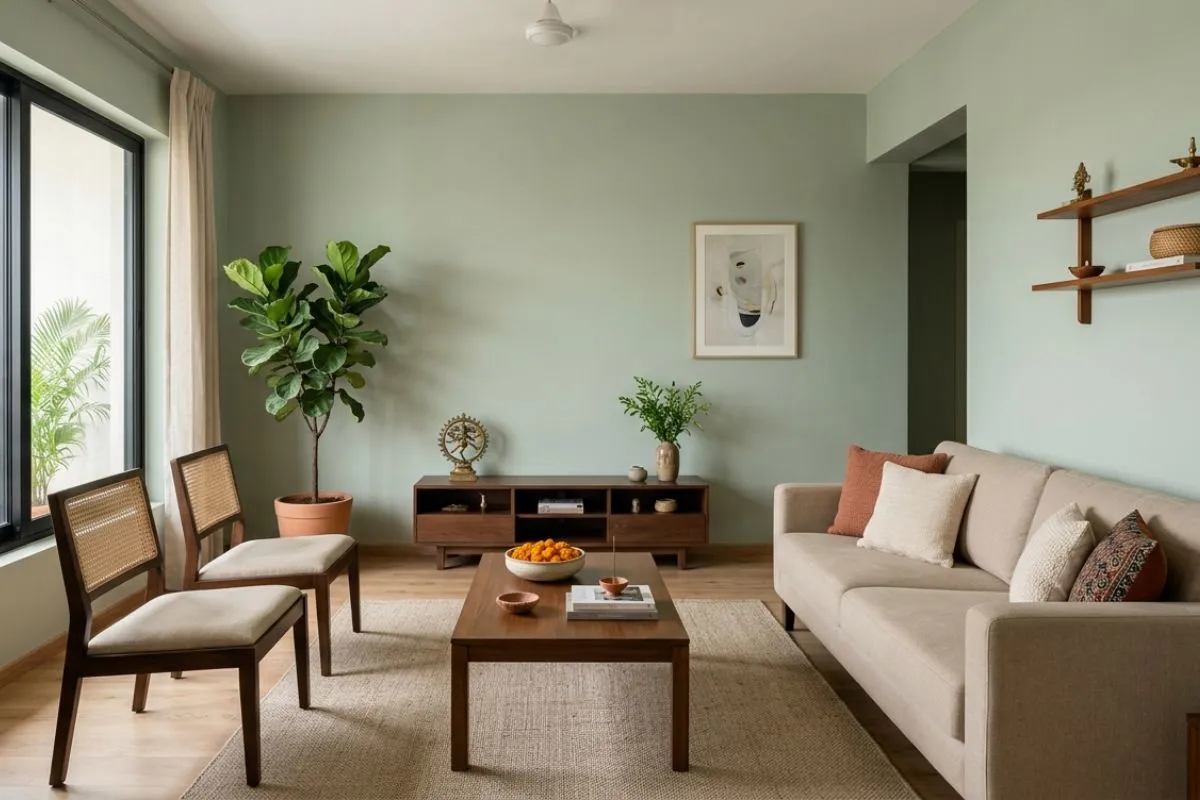 Grey sofa, low wooden table, and plant in a calm, minimalist living room interior design.