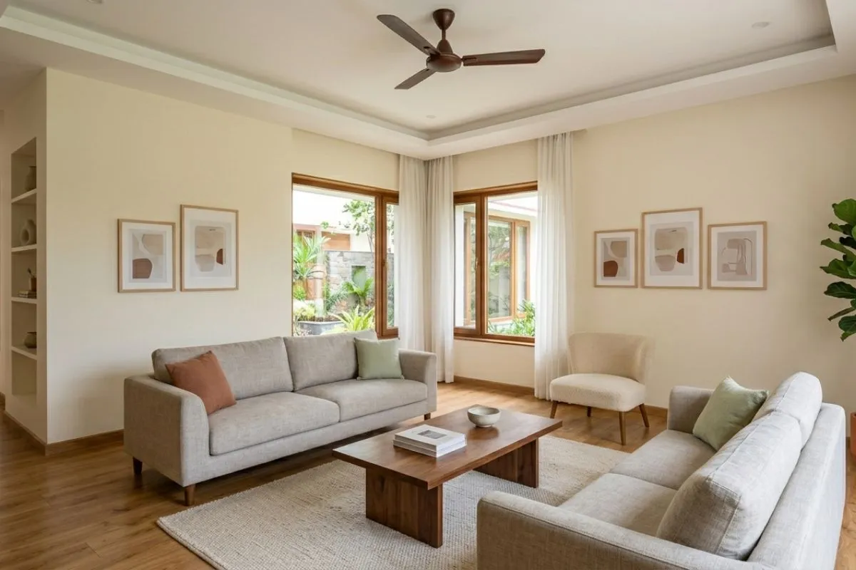 Cream sectional sofa and stone coffee table create a cozy, minimalist living room interior design.