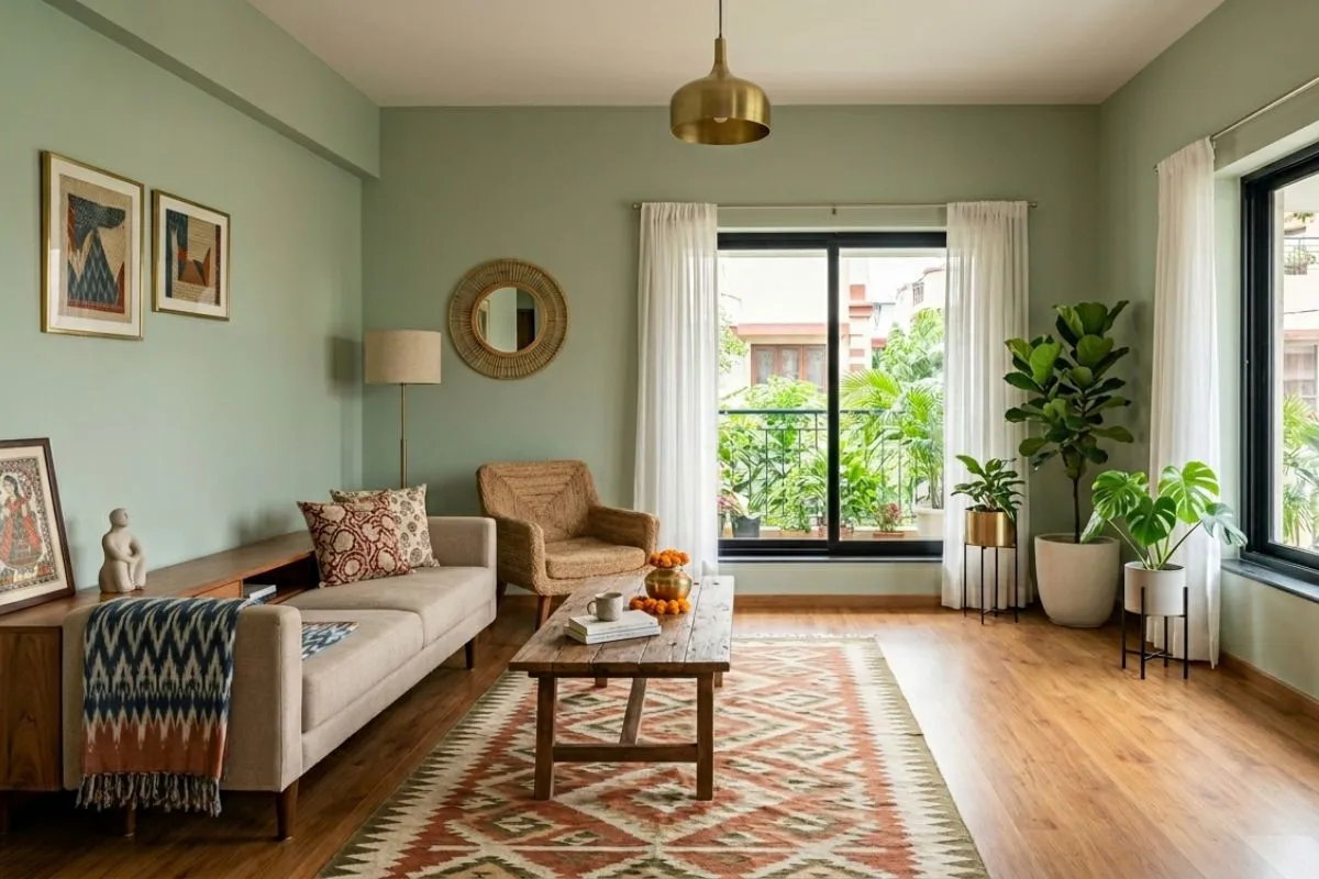 Low cream couches around a simple table in a bright, minimalist living room interior design.