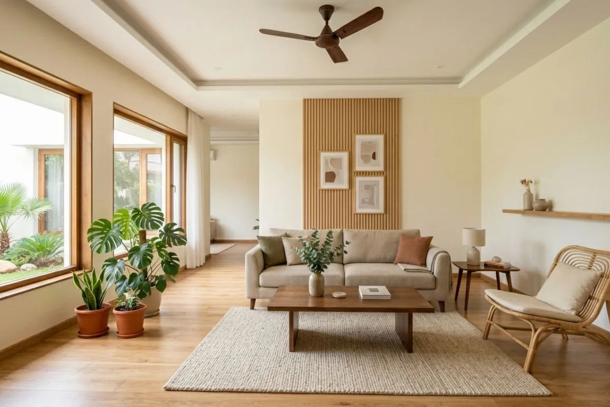 White sofa, wooden wall panels, and large TV fill a modern, minimalist living room interior design.