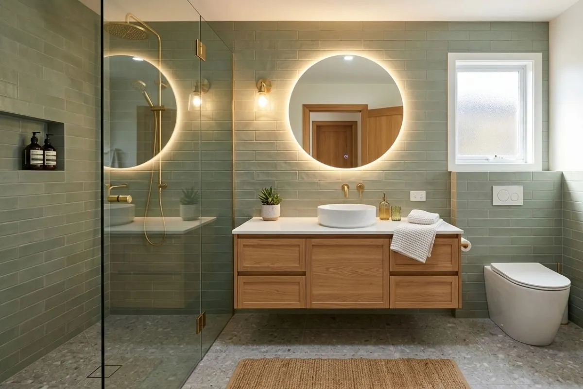 A bright bathroom interior with warm beige tiles, a floating wood vanity, and a large mirror.