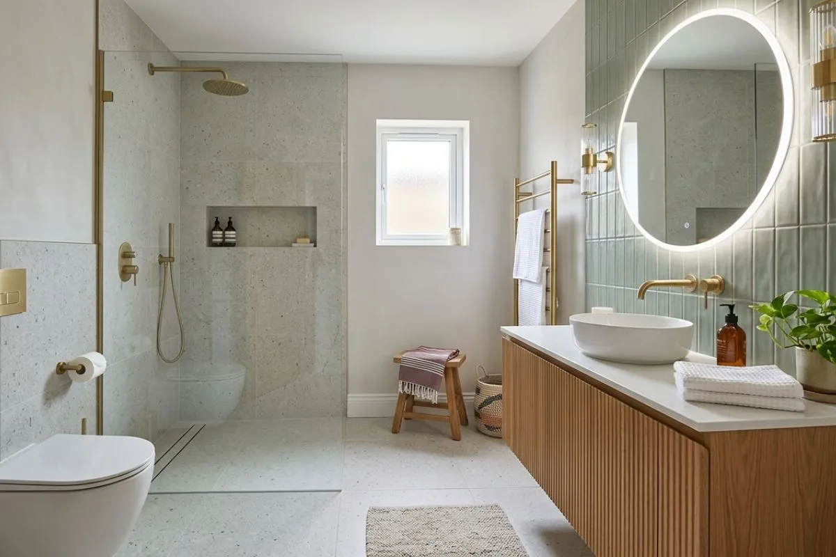 Modern bathroom interior featuring warm beige tiles, a floating wooden vanity, and a large mirror.