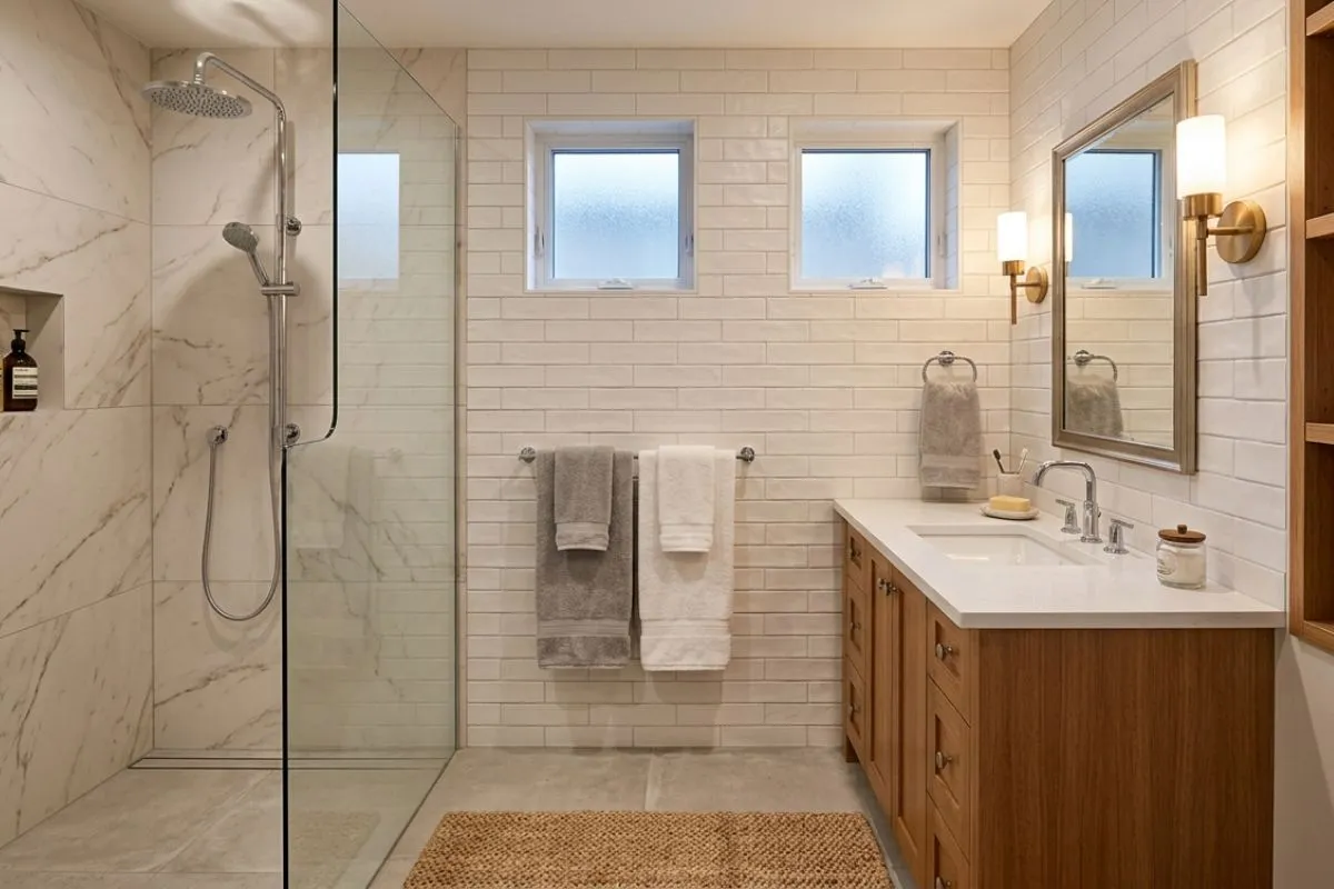 Fancy bathroom interior featuring dark marble walls, gold accents, and a crystal chandelier.