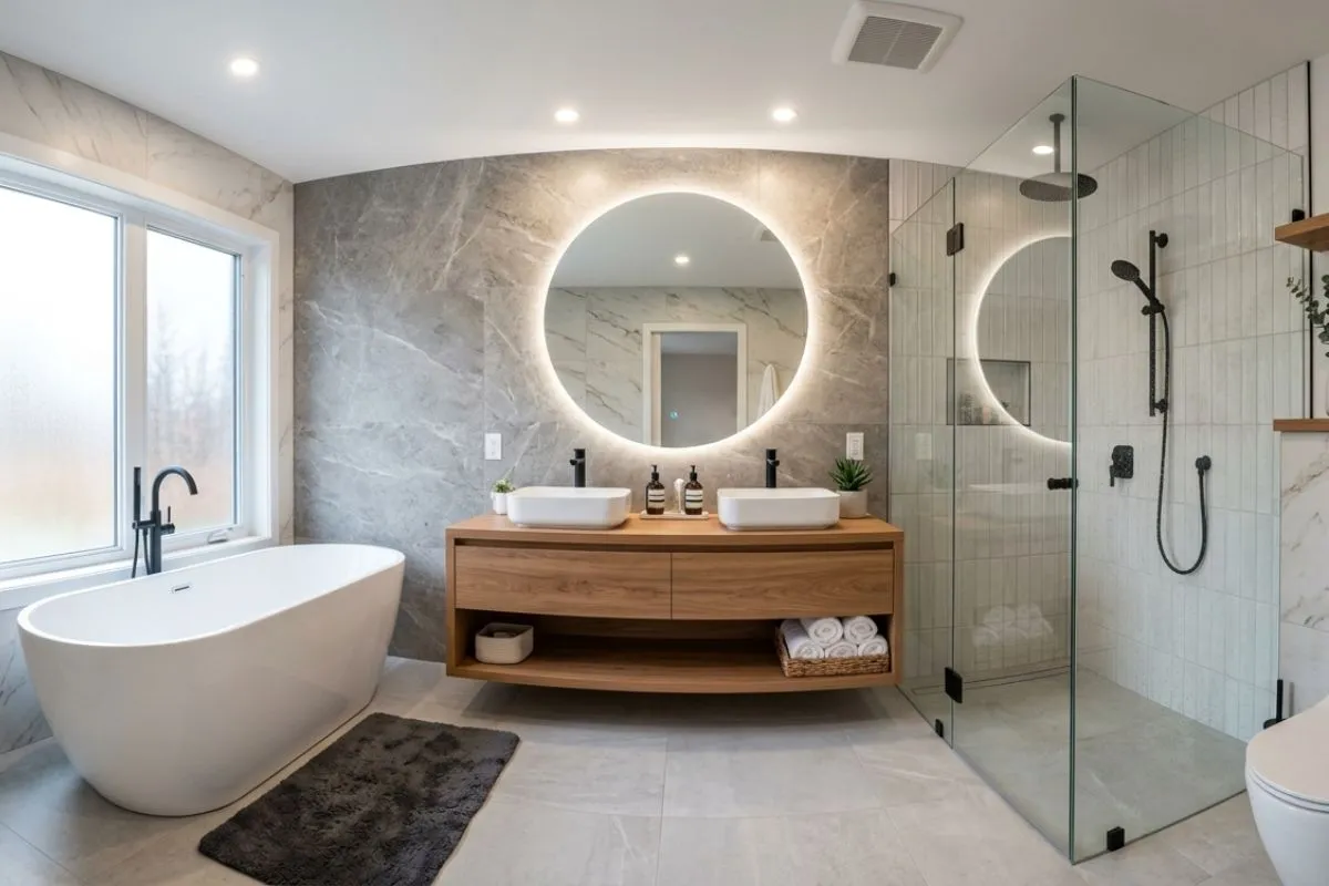 High-end bathroom with white marble floors, glass shower stall, and a large skylight