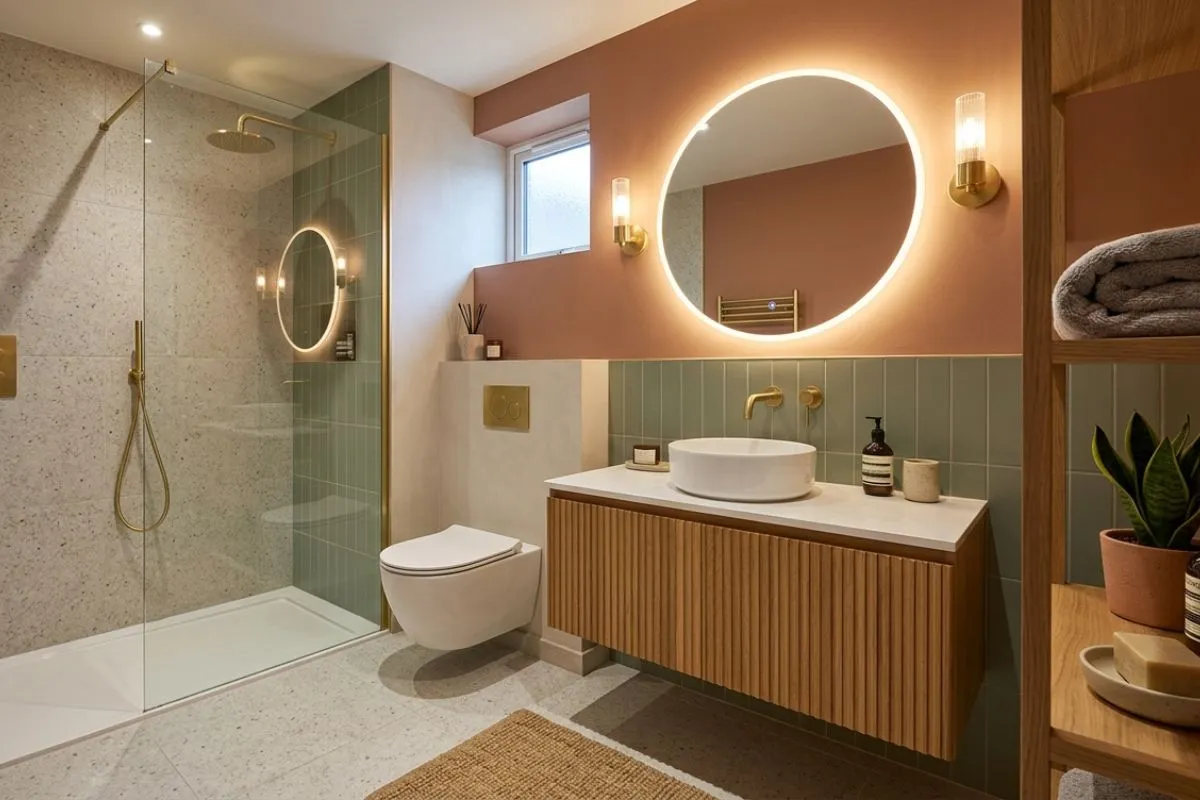 Stylish bathroom interior displaying dark marble counters, warm lights, and a clear glass shower.