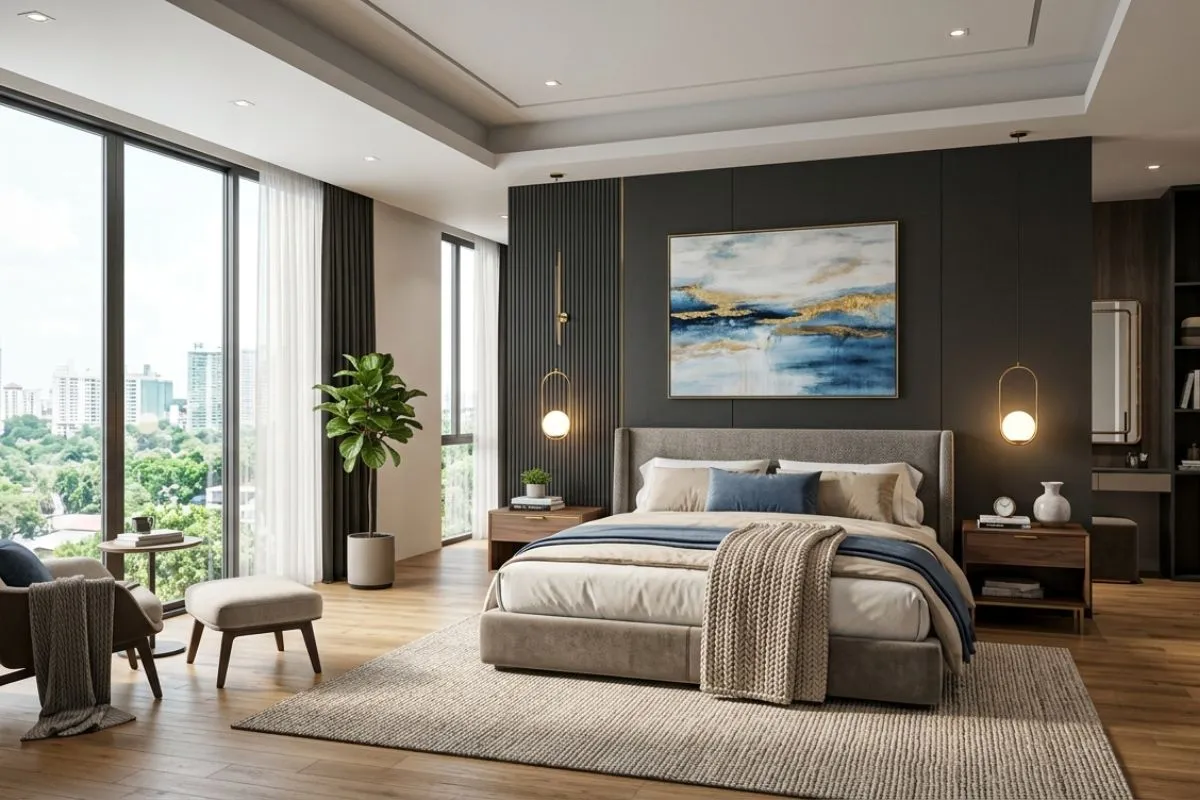 Modern bedroom interior with a grey bed, dark accent wall, hanging lights, and a big window showing a city view.