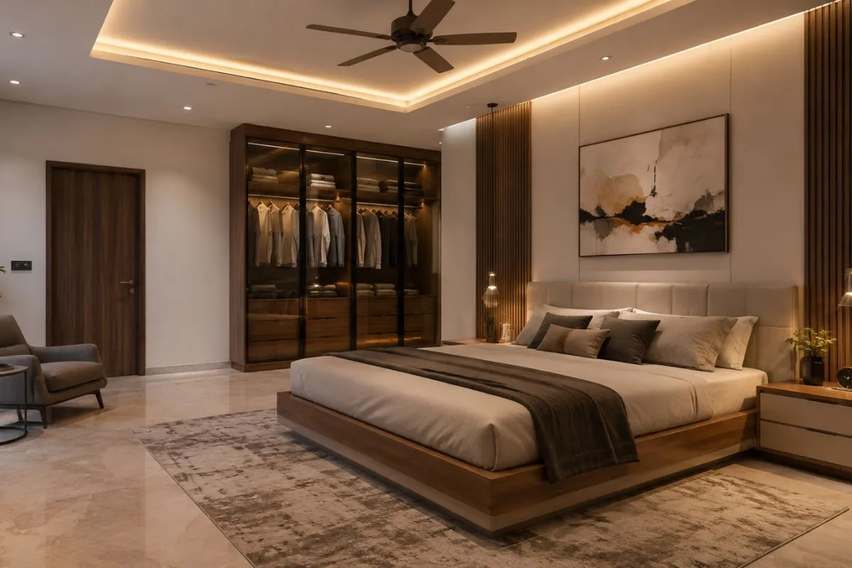 Warm bedroom interior featuring a wooden bed, cozy cove lighting, a dark glass wardrobe, and slatted wood walls.