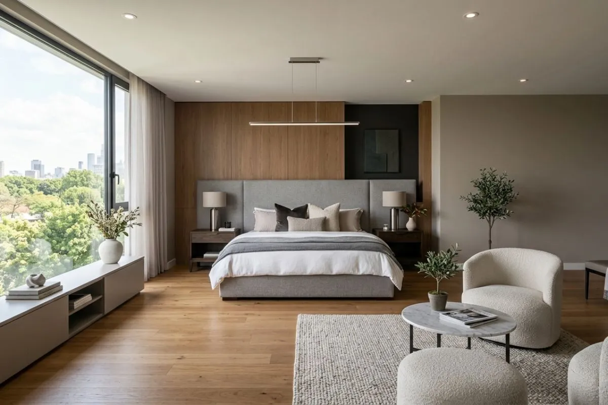Minimalist bedroom interior with a grey bed, large glass windows, wood flooring, and white bouclé armchairs.