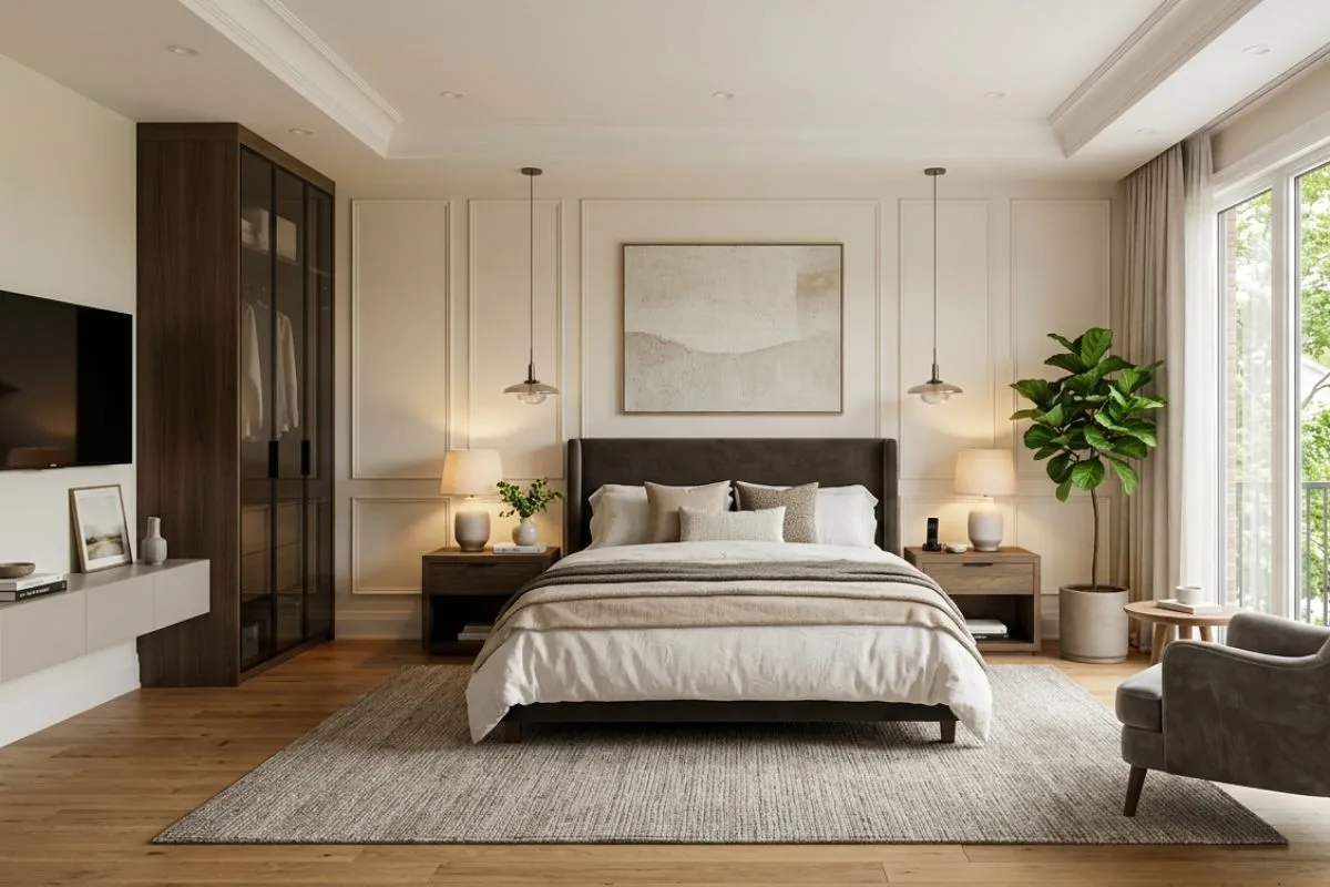 Bright bedroom interior with a dark brown bed, wall molding, a glass closet, a potted plant, and a grey chair.