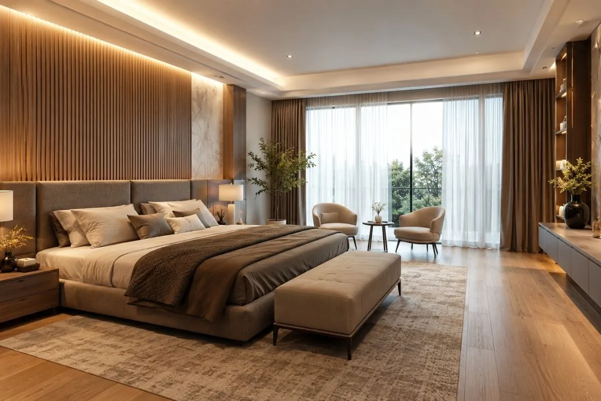 Chic bedroom interior with a large brown bed, slatted wood paneling, hidden lighting, and a window sitting area.