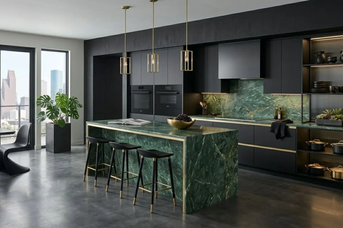Green marble island with black cabinets adds elegance to this modern Kitchen interior space.