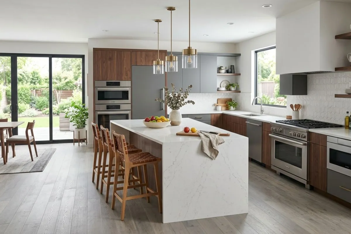 White marble island, wood cabinets, and natural light enhance the Kitchen interior beautifully.