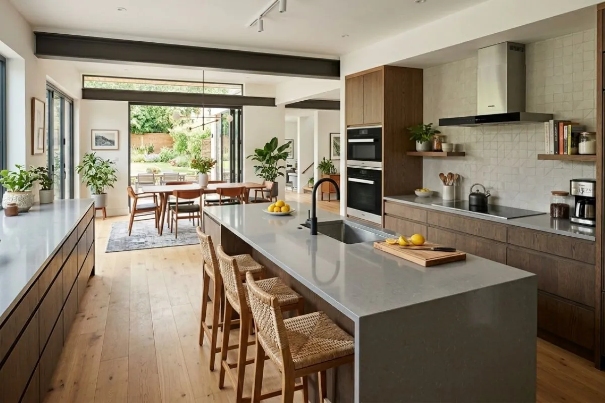 Wood cabinets, large island, and garden view make this Kitchen interior warm and inviting.