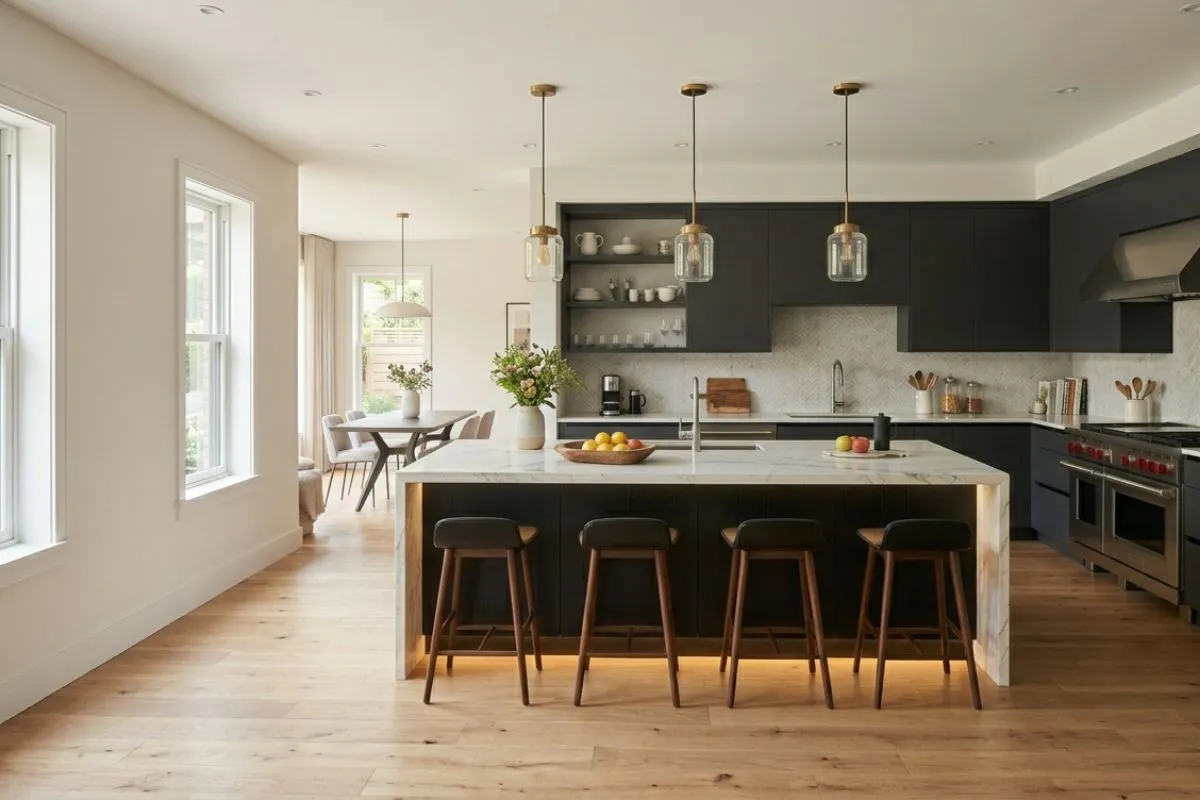 Bright open kitchen with black cabinets, marble island, and modern Kitchen interior design style.
