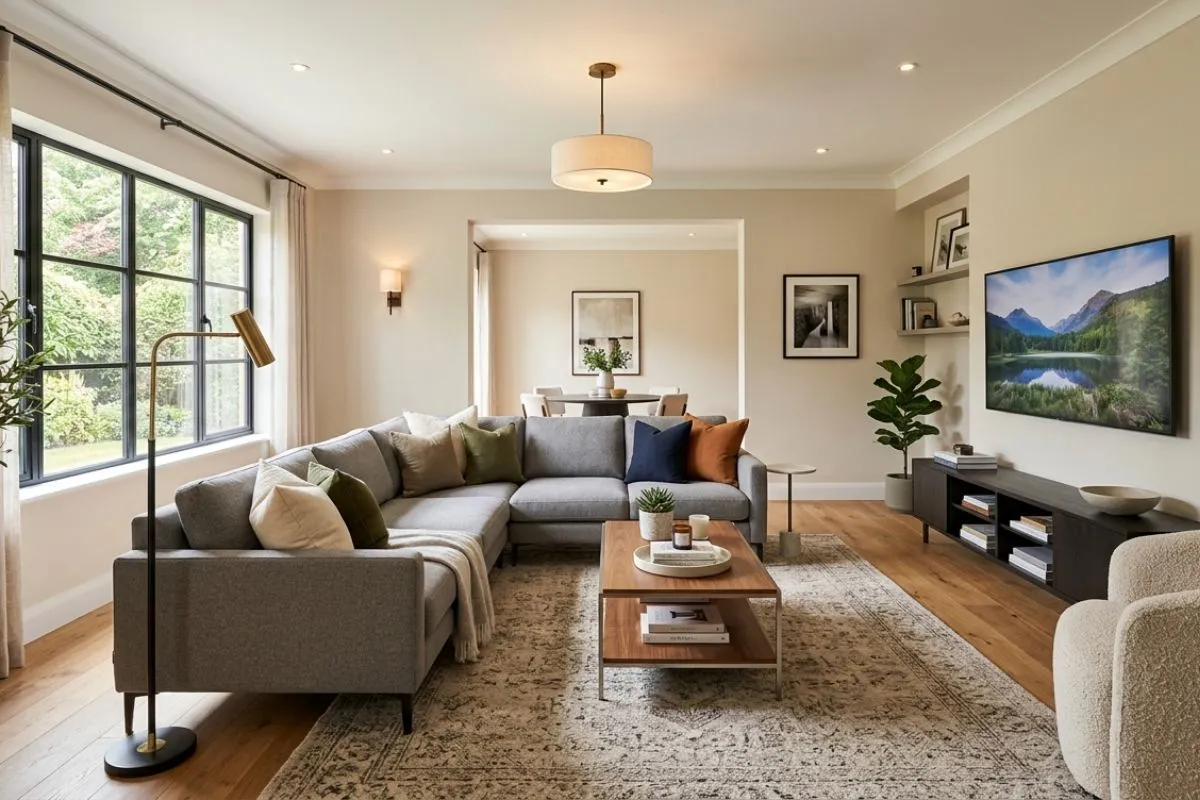 Grey sofa, wooden table, and TV in a bright, modern living room interior with large windows.