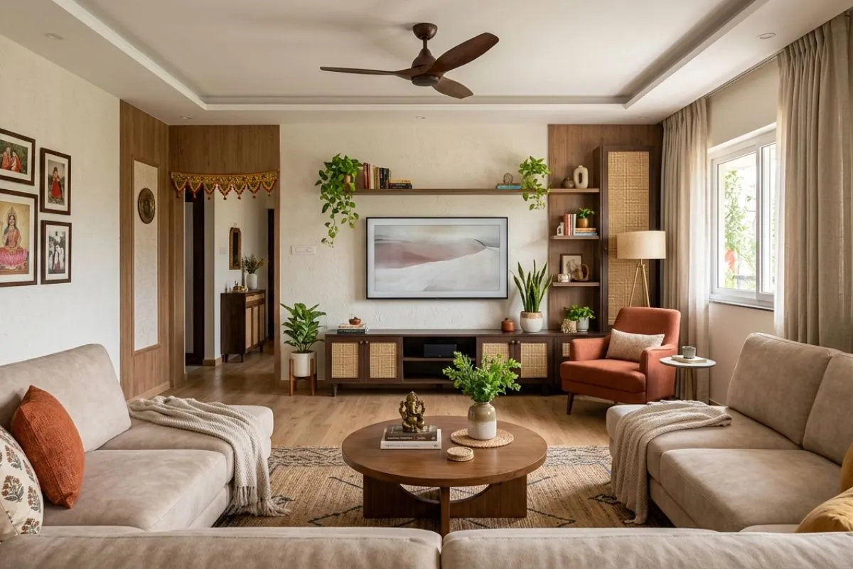 Cozy modern living room interior featuring beige couches, a ceiling fan, and wooden wall accents.
