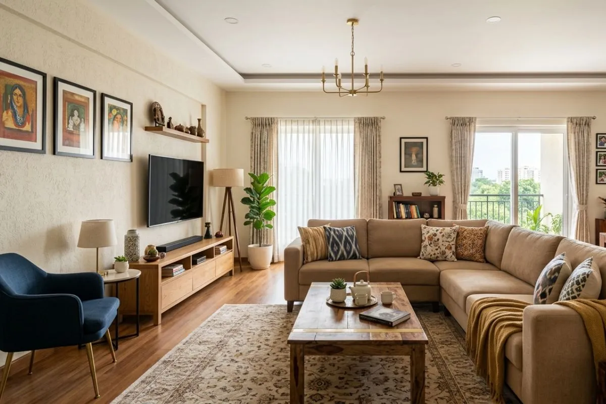 Light beige sectional sofa and wooden media console in a warm, modern living room interior.