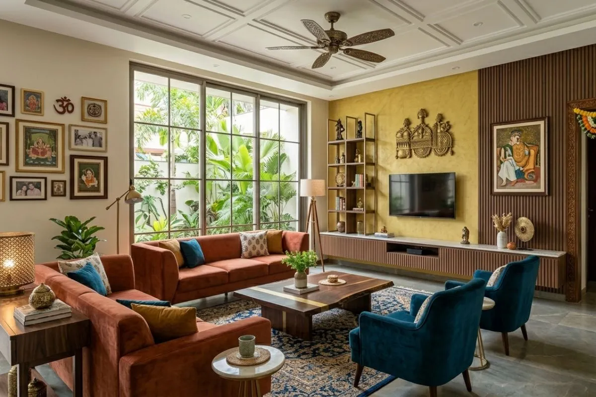 Vibrant modern living room interior with orange couches, teal chairs, and a striking yellow accent wall.