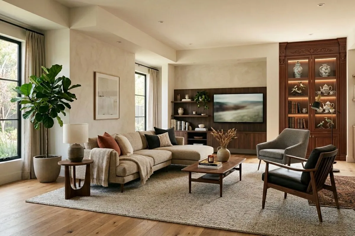 Neutral tone sofa, armchair, and elegant wooden cabinet in a spacious, modern living room interior