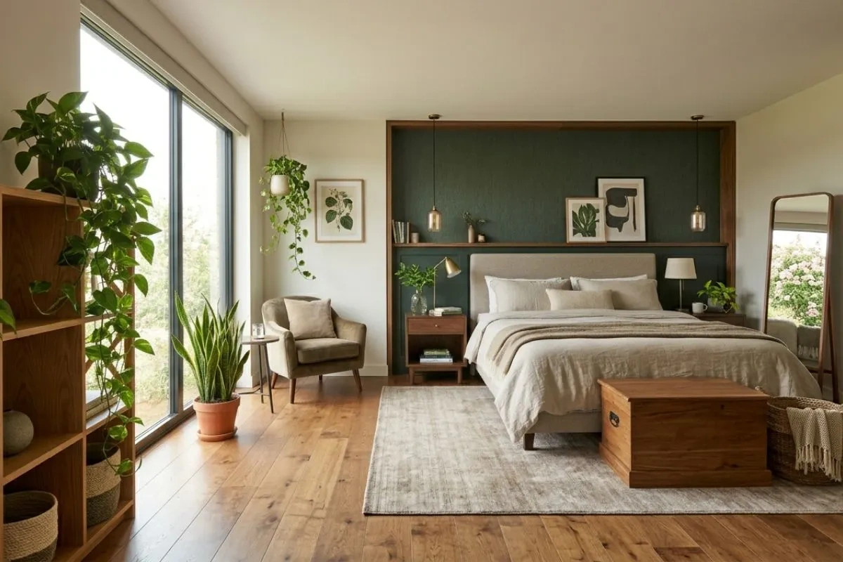 A trailing money plant and a snake plant serve as low maintenance indoor plants in this bedroom.