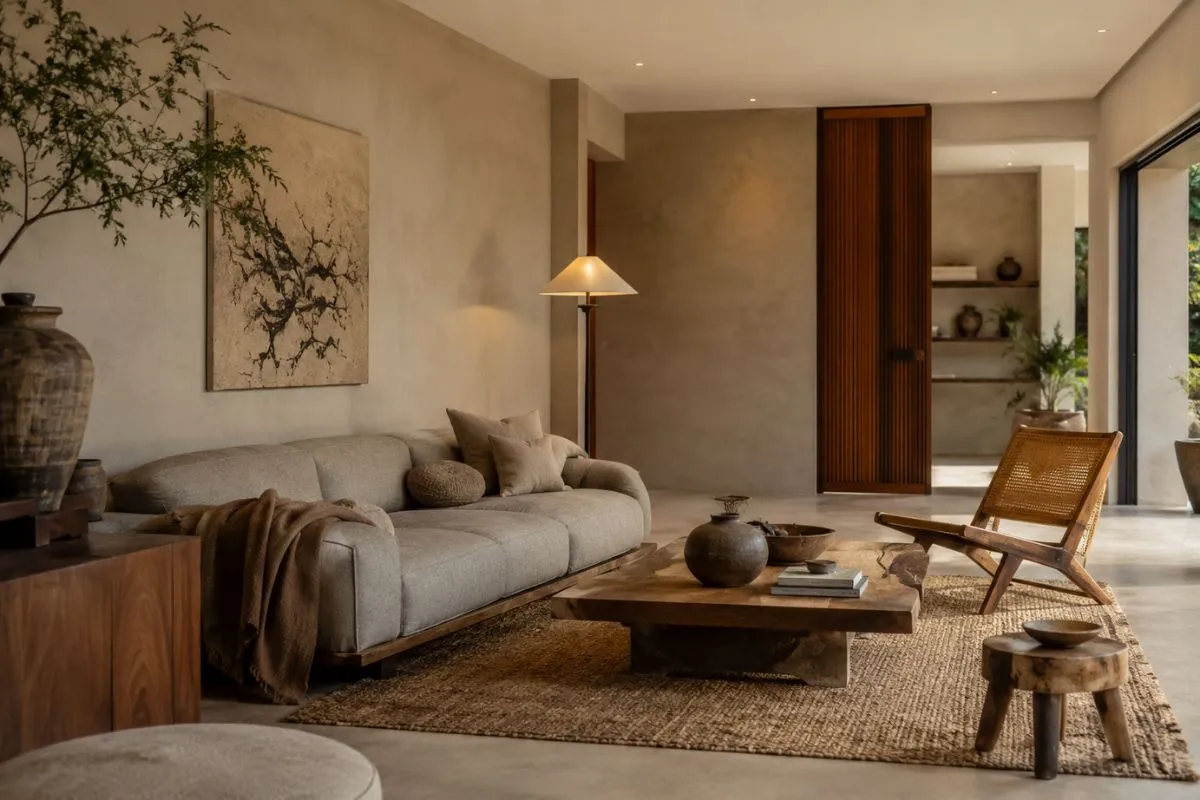 Cozy Wabi-Sabi living room with beige sofa, raw wood coffee table, and a woven floor rug.