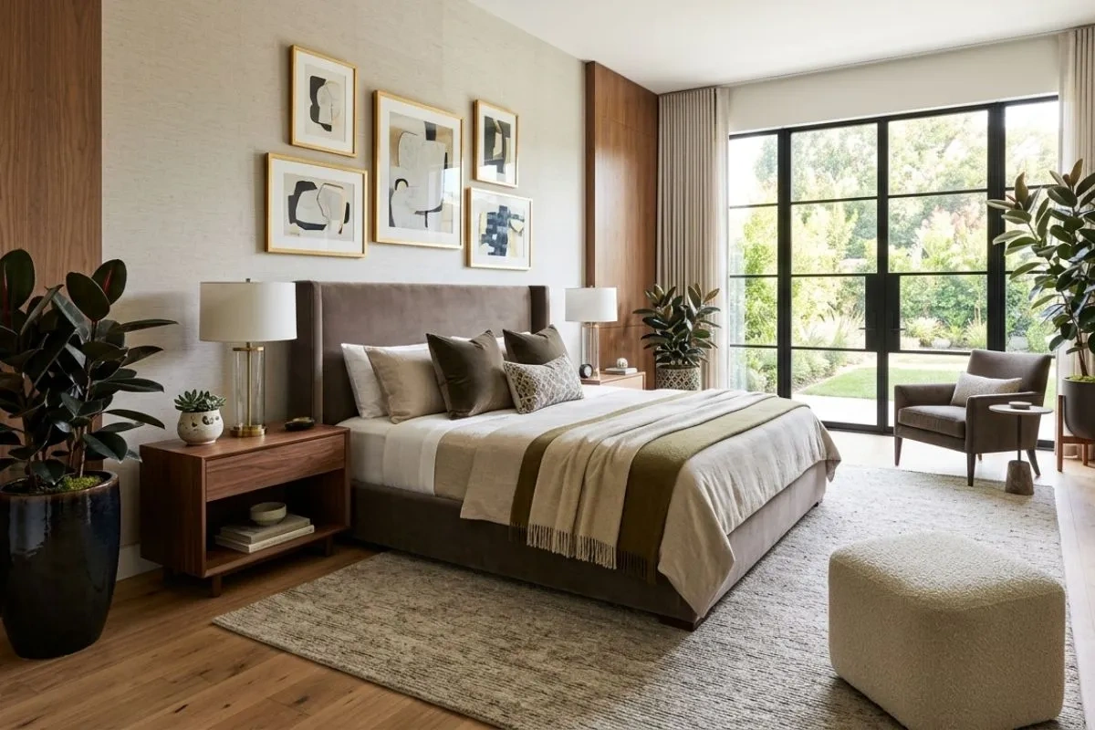 Tall rubber plants used as low maintenance indoor plants to frame a bed in a luxury bedroom suite.