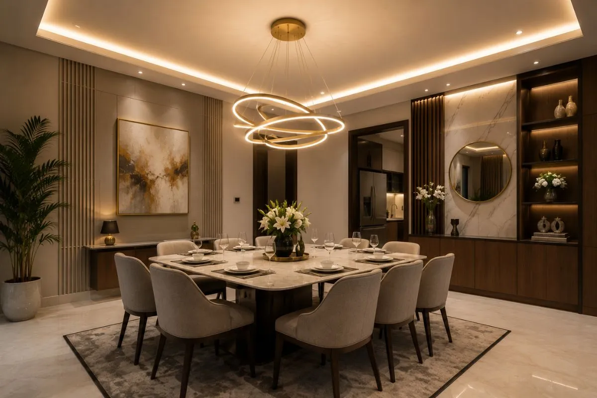 Modern glowing LED ring light hangs above a large dining table surrounded by cream chairs.
