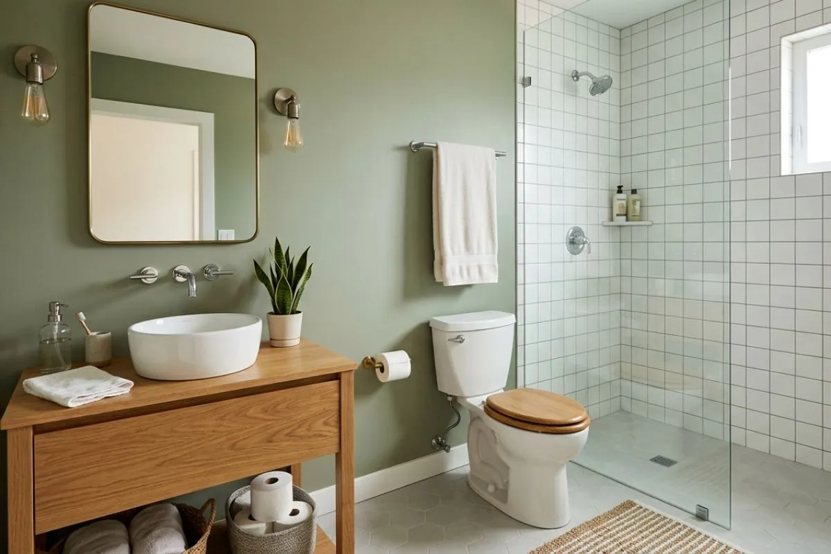 Modern bathroom interior showing striped wood walls, a white tub, and dark grey floor tiles