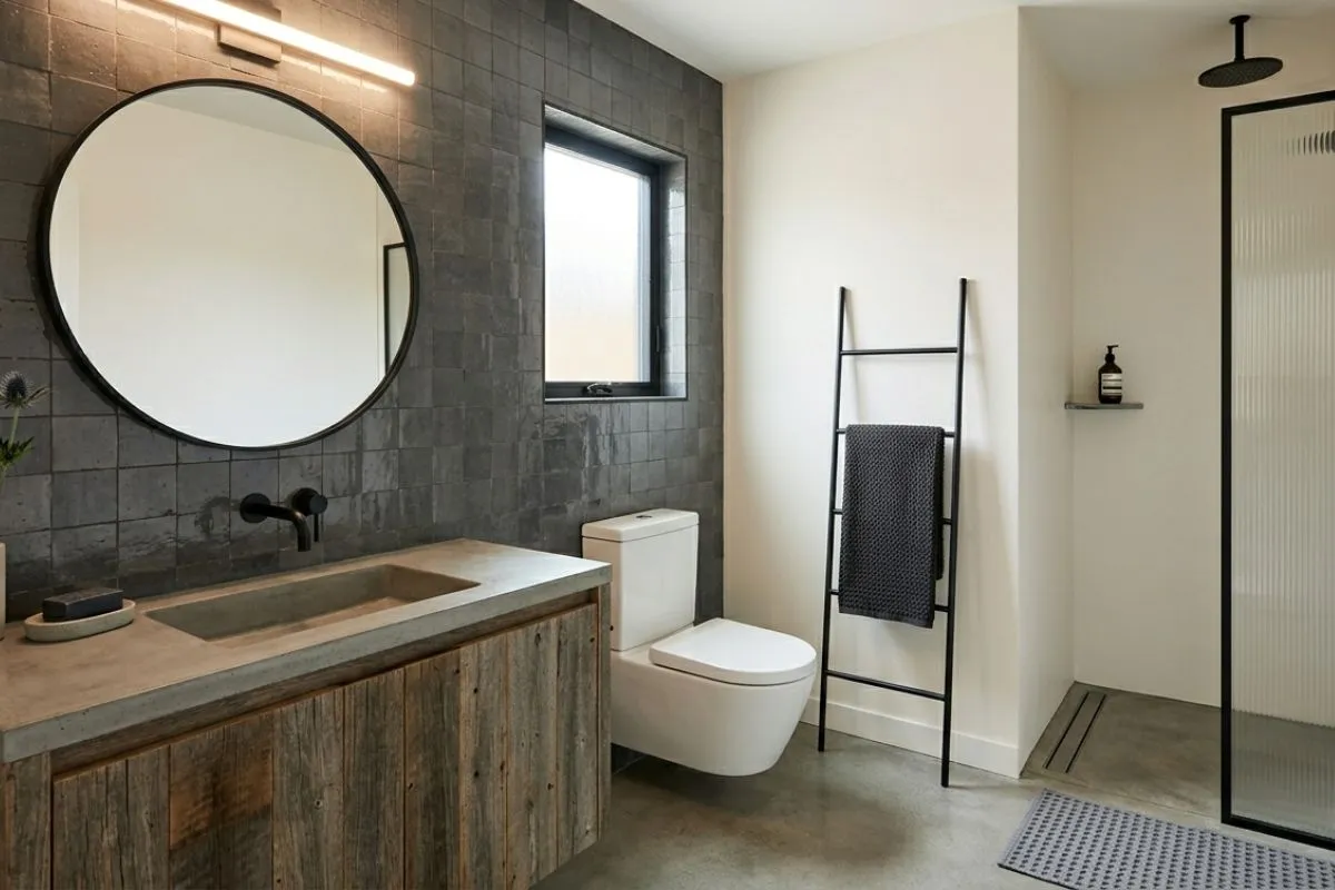 Spacious bathroom interior featuring light stone tiles, a round mirror, and a glass shower