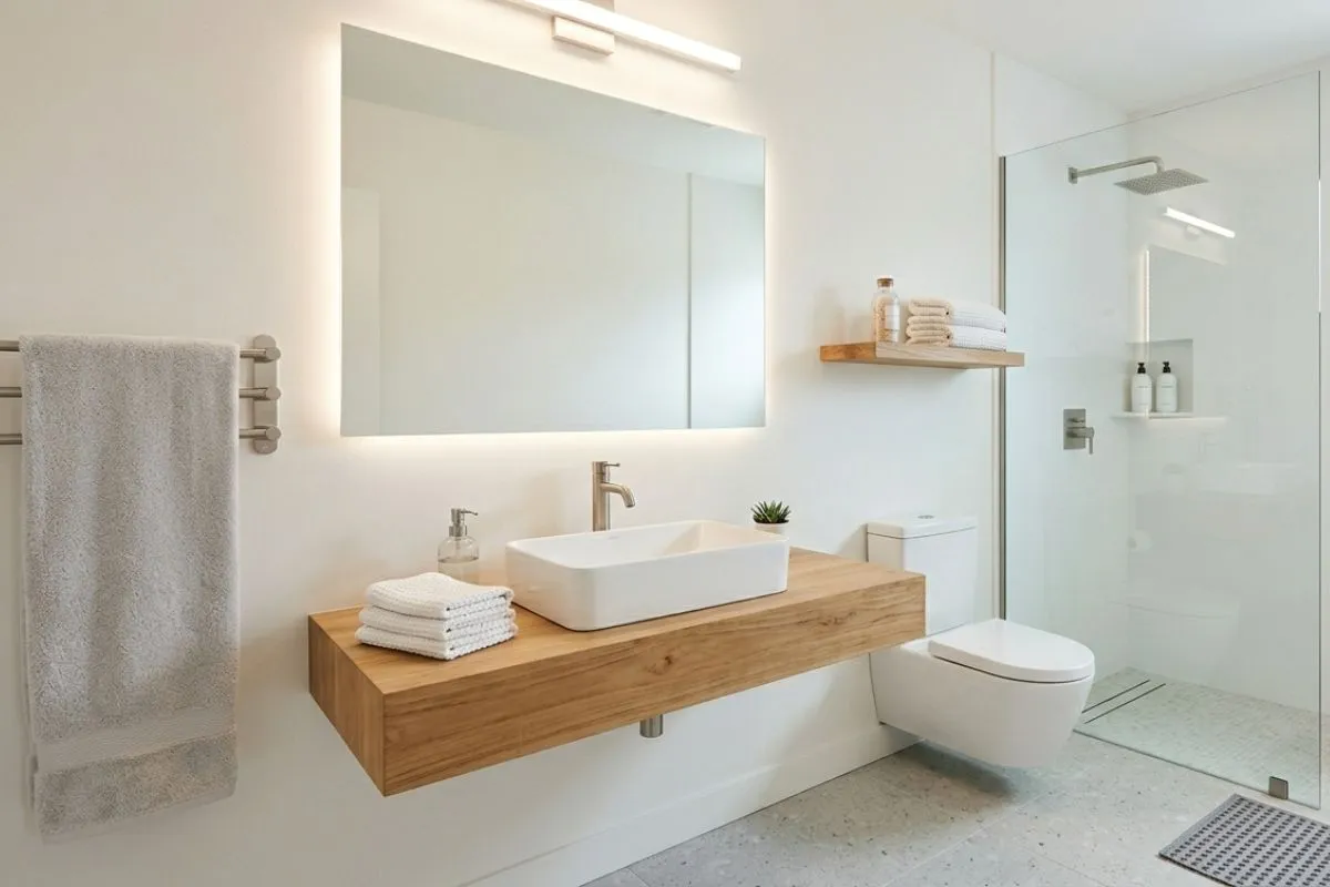 Bathroom interior with soft grey tiles, a light wood cabinet, and black fixtures.